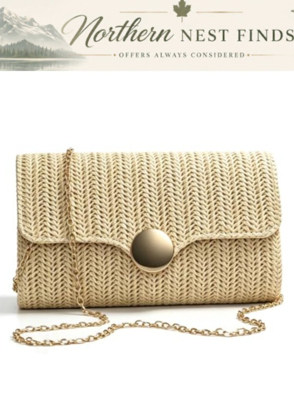 Woven Straw Clutch Purse Detachable Chain Strap Evening Bag